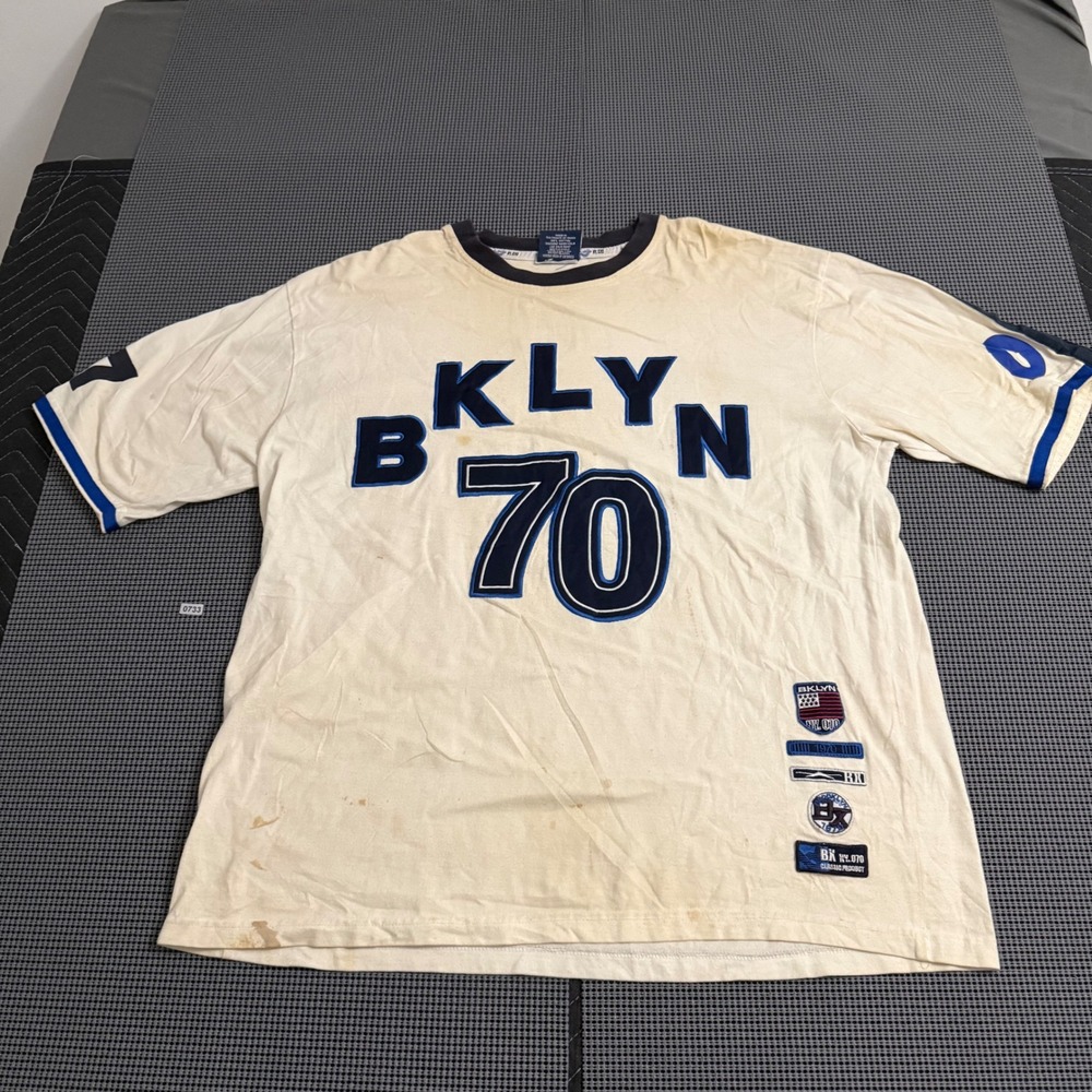 Brooklyn Express NY 70 Mens T-Shirt Large Cream Blue Ringer Jersey Style Vintage
